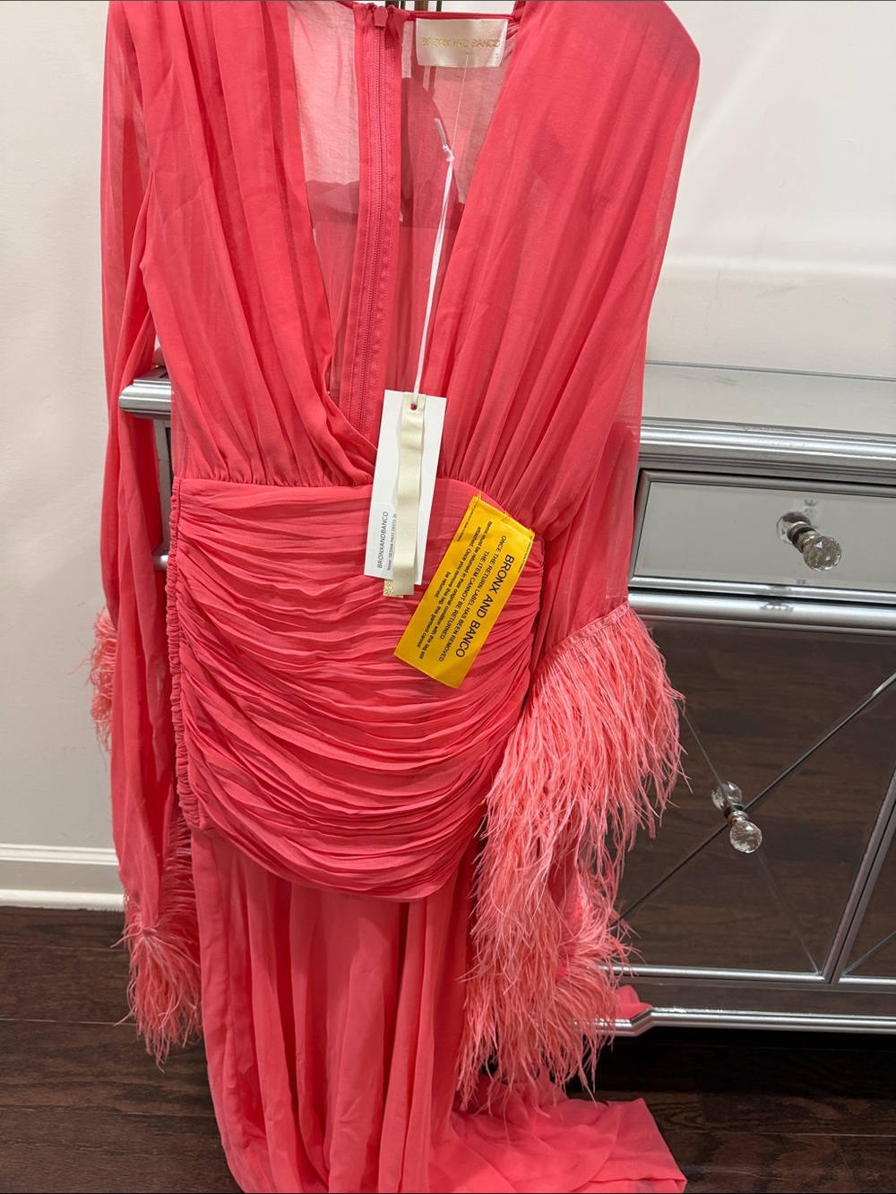 BRAND NEW *Bronx and Banco GEISHA  Coral MAXI Long Sleeve Ruched Feather-Trim